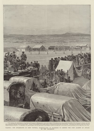 In attesa, gli abitanti di Fort Victoria, Mashonaland, pronti a difendere il forte contro un attacco dei Matabele da Joseph Nash